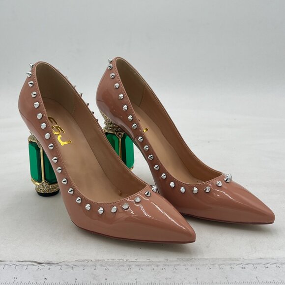 FSJ Nude Studded Rivets Pointed Toe High Heel Crystal Pumps Slip on Dress Shoes - Picture 3 of 7